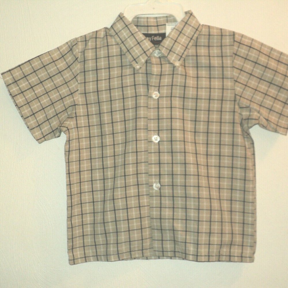 Happy Fella Boy's Shirt Size 4T Plaid Tan, Black, White Short Sleeves Buttoned